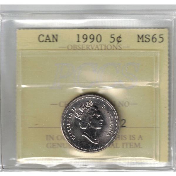 1990 Canada 5¢ PCCS MS65 (Professional Coin Certification System)