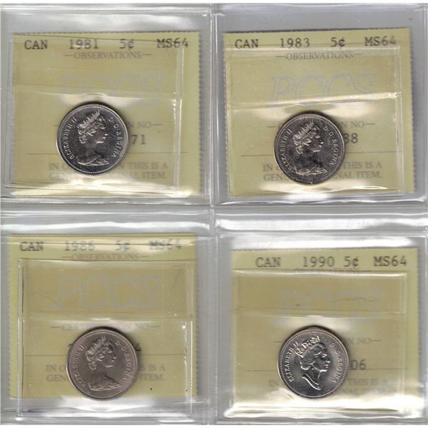 1981-1983-1986-1990 5¢ PCCS MS64 4Pcs (Professional Coin Certification System)