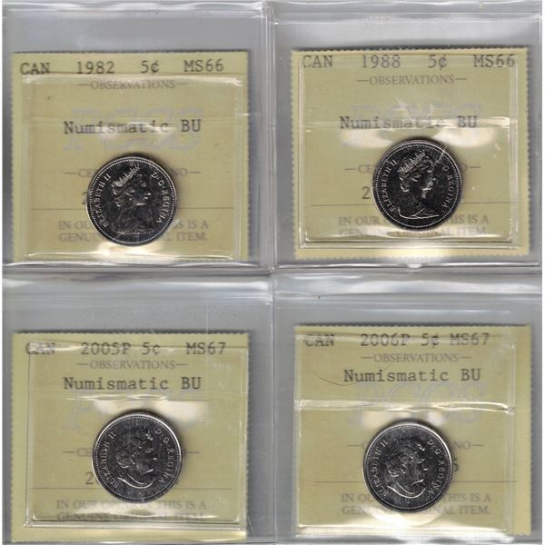 1982-1988-2005P-2006P 5¢  PCCS MS66-67 4Pcs