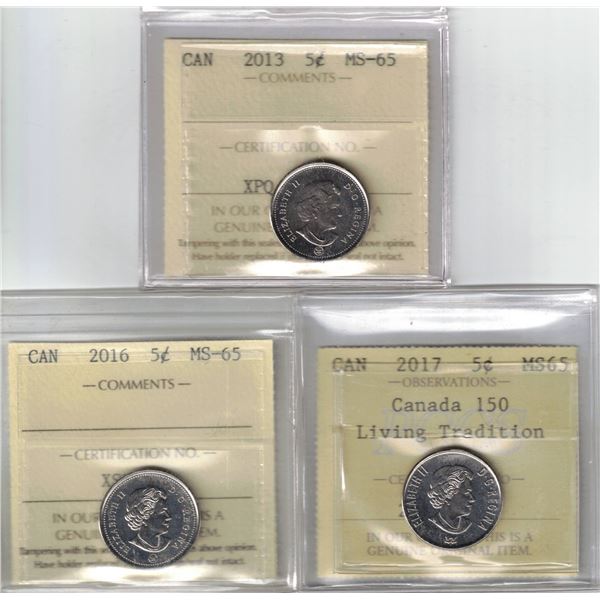 2013- 2016- 2017 Living Tradition 5¢ All MS-65 3Pcs
