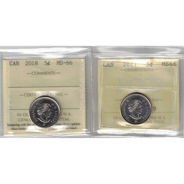 2018 5¢ ICCS MS-66, 2021 5¢ PCCS MS-66 (Professional Coin Certification System)