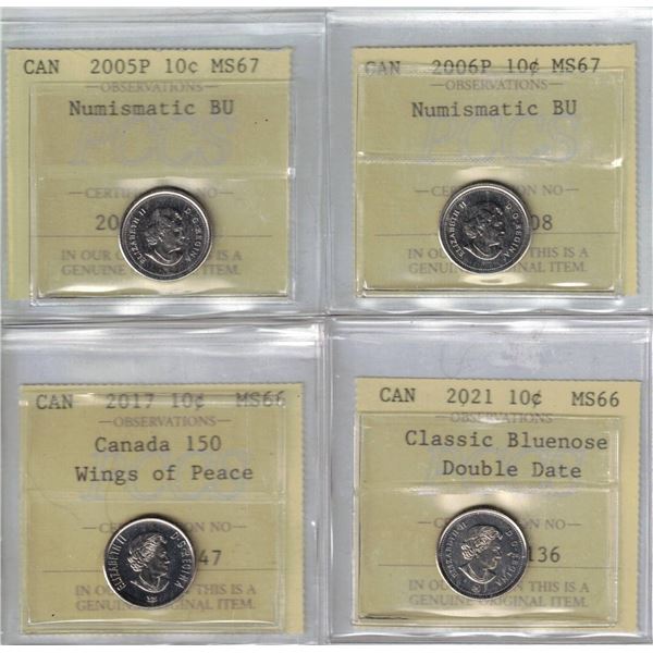2005P 10¢ MS67, 2006P 10¢ MS67, 2017 10¢ Wings MS66, 2021 10¢ Classic Db Date MS66, 4pcs All PCCS