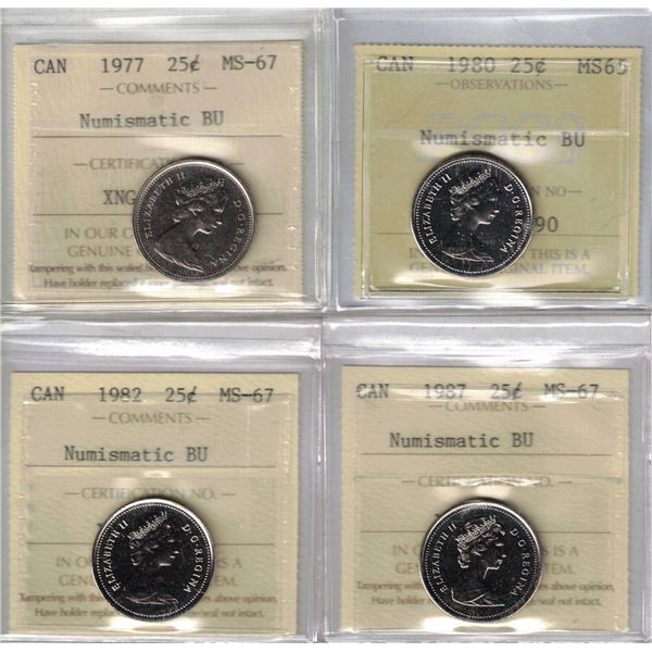 ICCS 1977-1982-1987 25¢ MS67, PCCS 1980 25¢ Near Beads MS65, 4pcs All NBU