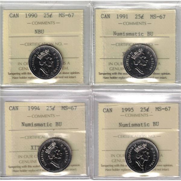 ICCS 1990-1991-1994-1995 25¢ MS67, 4pcs All NBU