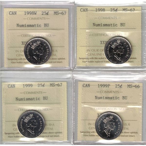 ICCS 1998W-1998-1999-1999P 25¢ MS66-67, All NBU, 4pcs