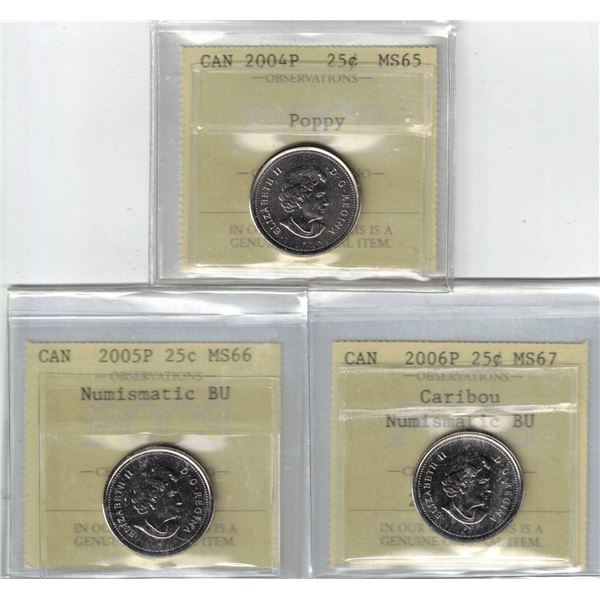 3 coin 25¢ lot, 2004P Poppy, 2005P 2006P MS65-66-67 PCCS (Professional Coin Certification System)