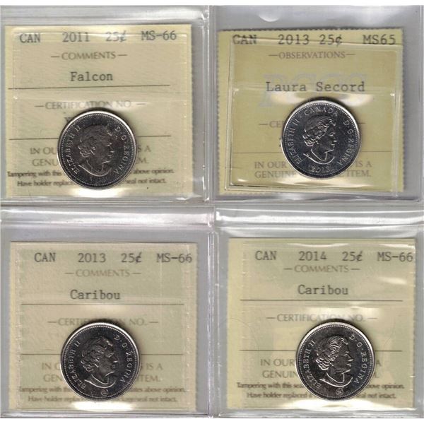 2011 Falcon 25¢, 2013-14 Caribou All ICCS MS66 + 2013 Secord MS-65 PCCS 4pcs