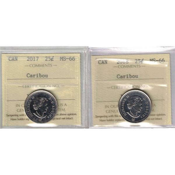 2017-2018 25¢ Caribou ICCS MS66, 2Pcs