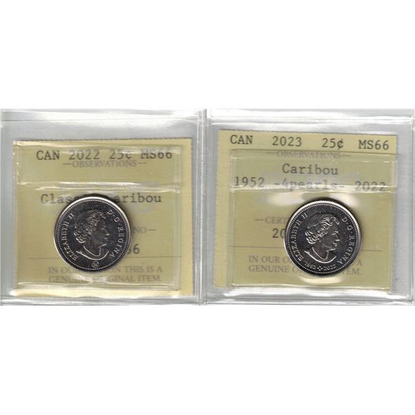 2022 25¢ Caribou PCCS MS66, 2023 25¢ Caribou; 4 Pearls PCCS MS66, 2pcs