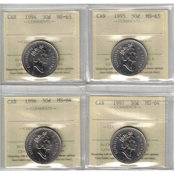 1994-1995 50¢ MS-65, 1996-1997 50¢ MS-64 All ICCS, 4pcs