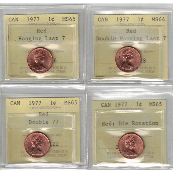 Variety lot of 4 x 1977 Canada 1¢, PCCS MS65-64 (Professional Coin Certification System)