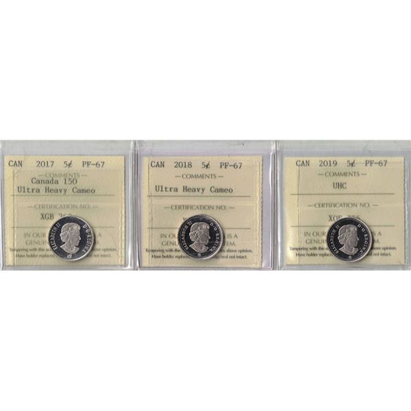 Lot of 3 X 5¢, 2017, 2018, 2019 ICCS PF67
