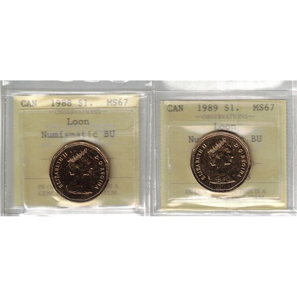 1988 and 1989 $1 Loon PCCS MS67 NBU 2pcs