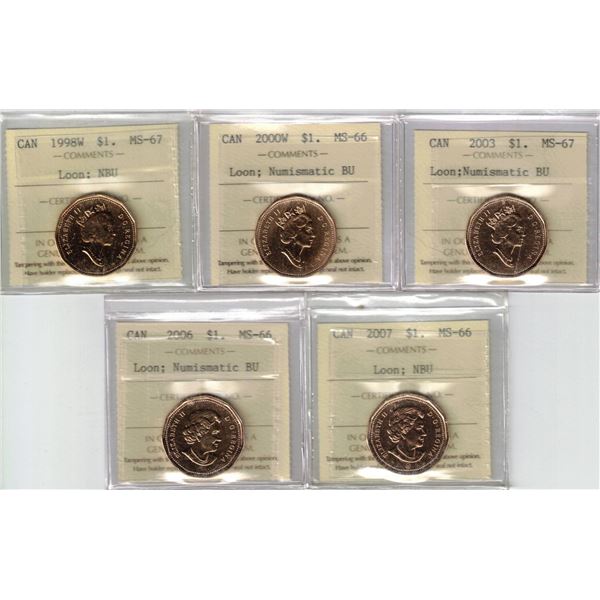 Lot of 5 ICCS Graded Loon Dollars 1998W-2000W-03-06-07