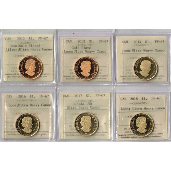 Lot of 6 ICCS Graded Proof Loon Dollars 2012-2013-2014-2016-2017-2018