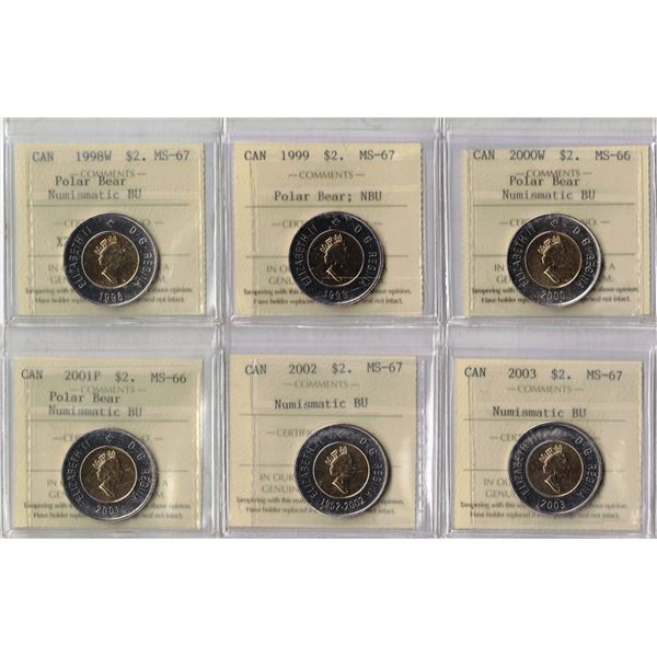 Lot of 6 ICCS Graded $2 Toonies 1998W-1999-2000W-2001P-2002-2003