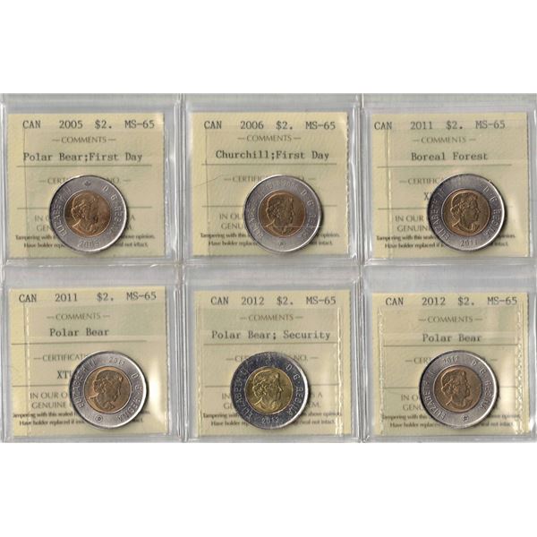 Lot of 6 ICCS Graded $2 Toonies 2005-2006-2011 x 2 -2012 x 2