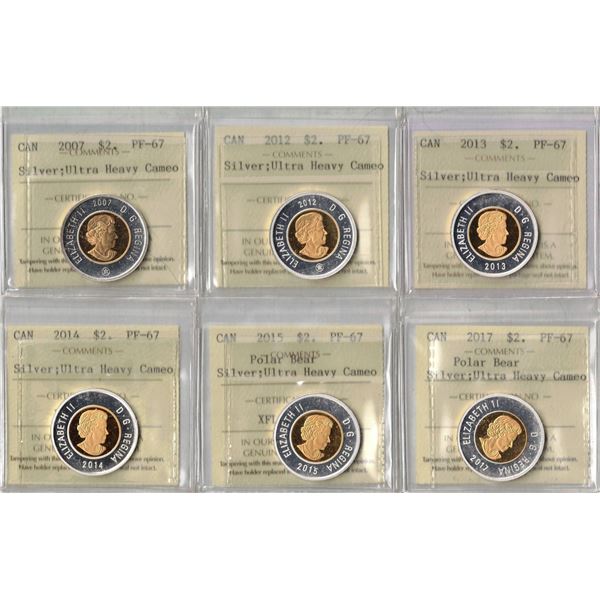 Lot of 6 ICCS Graded Proof $2 Silver Toonie 2007-2012-2013-2014-2015-2017