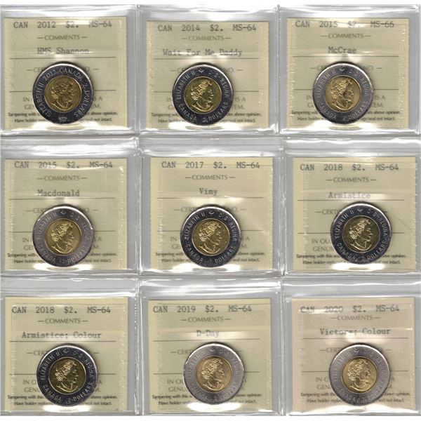 Lot of 9 ICCS Graded $2 Toonies 2012-14-15-15-17-18-18-19-20