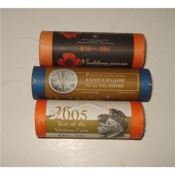 2004P 25¢ Poppy Roll, 2005P 5¢ Victory Roll, 2005P 25¢ Veteran Roll
