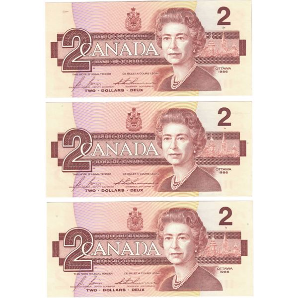 3 x Consecutive 1986 $2 notes, all crisp uncirculated