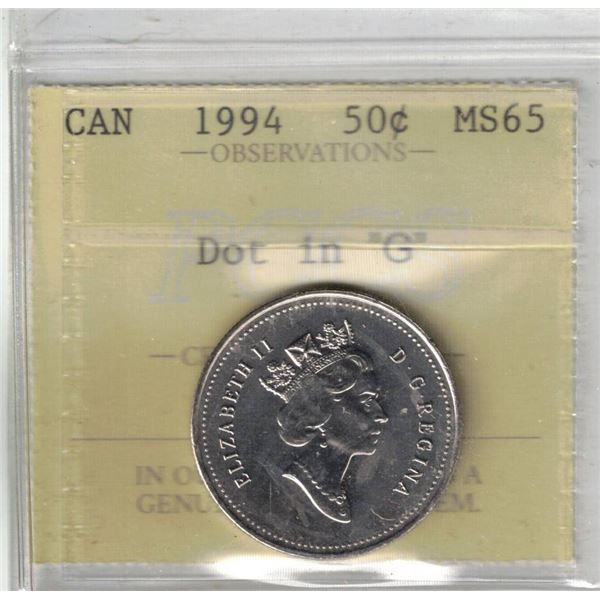 1994 Canada 50 cent Dot in "G" MS65, PCCS (Professional Coin Certification System)