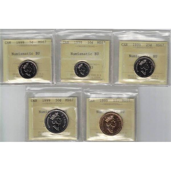 1999 5¢ 10¢ 25¢ 50¢ MS67, $1 MS66, NBU PCCS (Professional Coin Certification System)