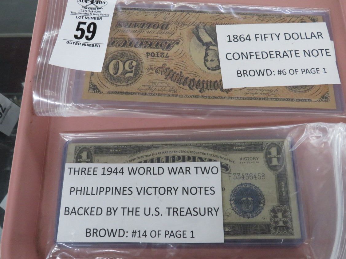 Victory Notes 1864 $50 Confederate Note, 3 1944 World War II Phillippine Victory Note