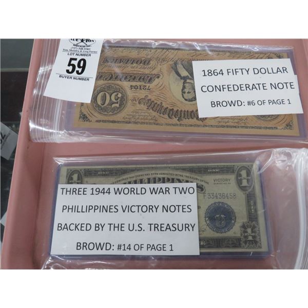 1864 $50 Confederate Note, 3 1944 World War II Phillippine Victory Note