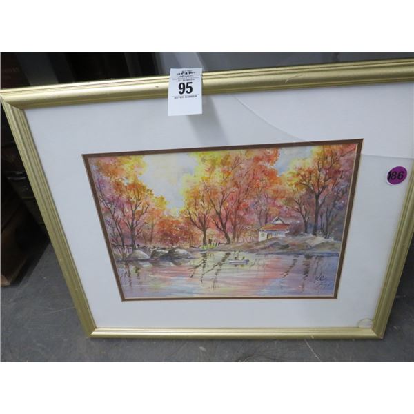 Framed Watercolor Fall On The Lake Signed KC 2/94 - 18 x 20 - Cracked Pane