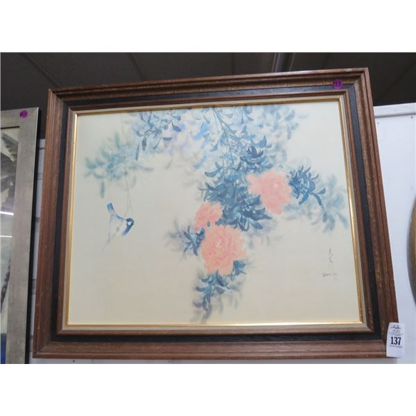 Bird and Floral Wall Art on Board - Signed David Lee - 28 x 30