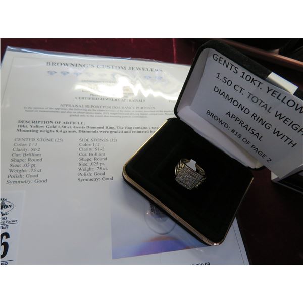 Gents 10K YG 1.5CT Diamond Ring w/Appraisal