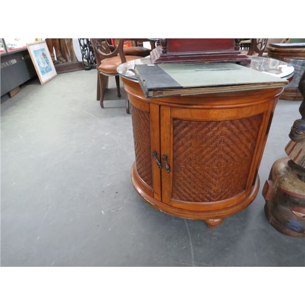 Round Cherry Glasstop Cabinet End Table