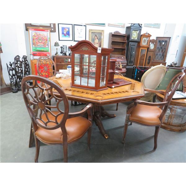 Mahogany Pedestal Leather Top Poker Table w/4 Chairs