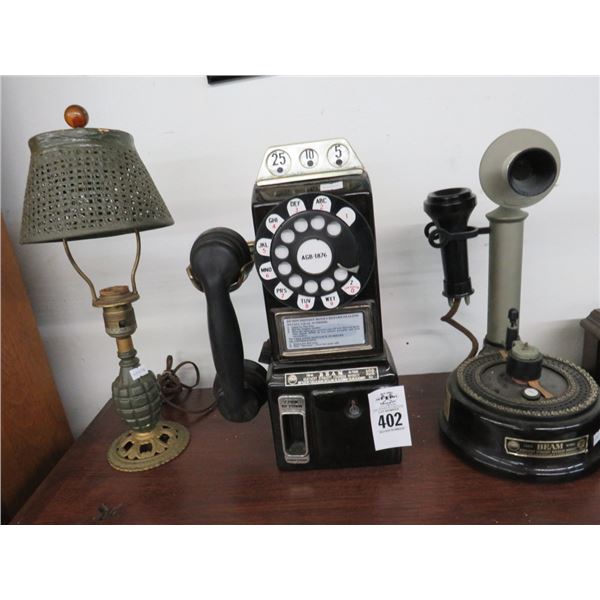 Vintage Payphone, Hand Granade Lamp, Bean Bourbon Base Decanter