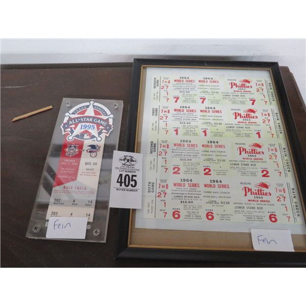 Texas Rangers Framed 1995 All Star Game Ticket, Phillies 1964 World Series Tickets