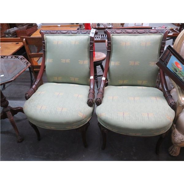 Carved Mahogany Green Cloth Dragonfly Motif Side Chairs - Pair