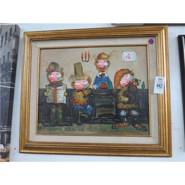 Framed Clowns At Bar Scene On Canvas Signed Corckes - 18 x 24