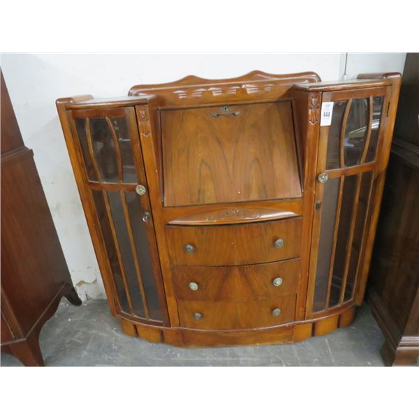 Carved Mahogany Drop Front Desk w/Glass Front Cabinets