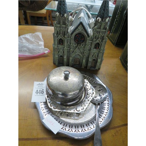 Christmas Village Lighted Church and Silverplate Dishes and Utensils