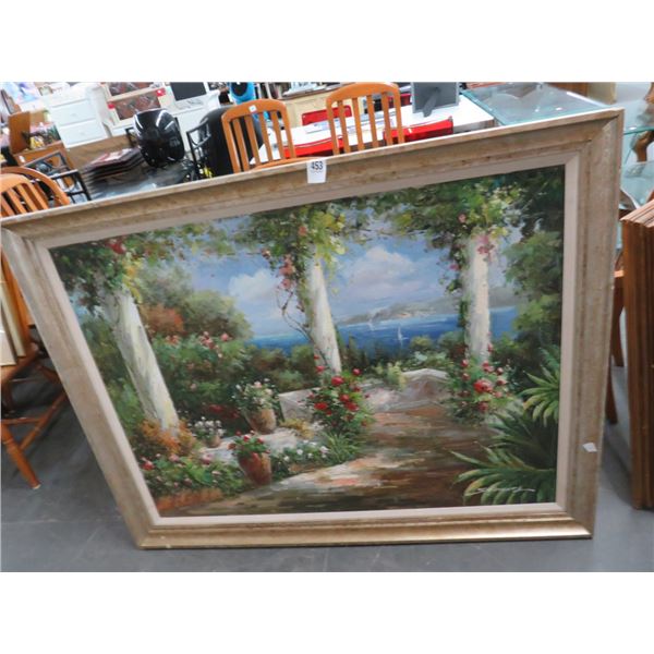 Framed Oil On Canvas Garden Seascape - Signed Stonard - 36 x 40