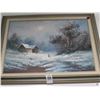 Image 1 : Framed Snowy Cabin Scene - Signed Chermin- 18 x 22