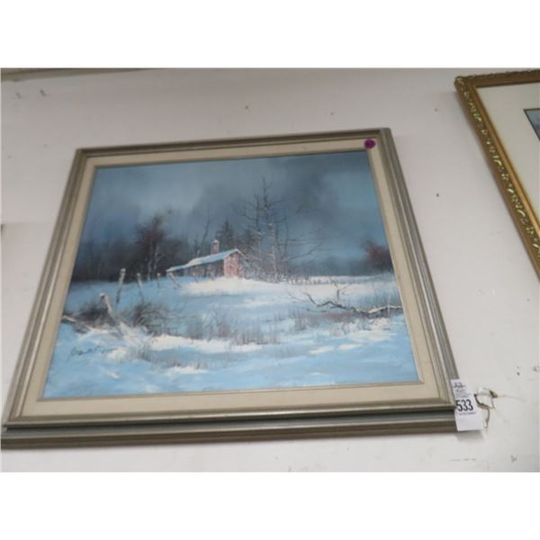 Oil On Canvas Framed Winter Barn Scene Signed Rozarie