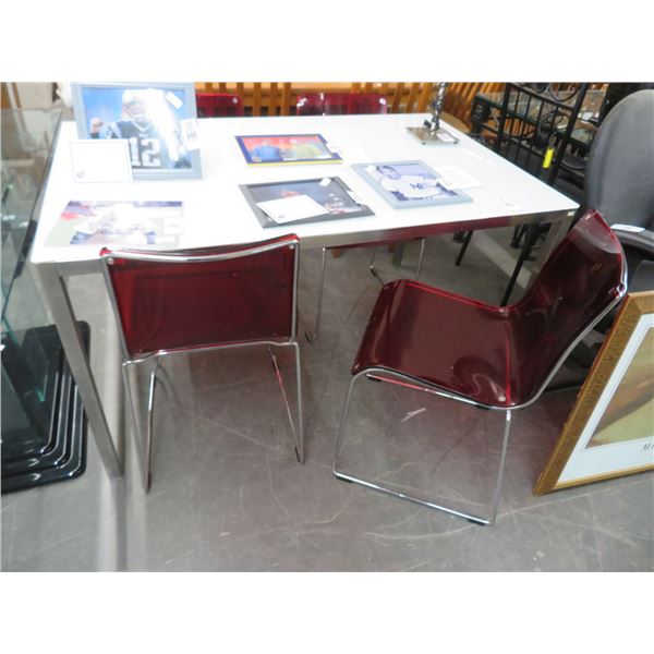 Contemporary Chrome Base Opaque Top and 4 Acrylic Red Chairs