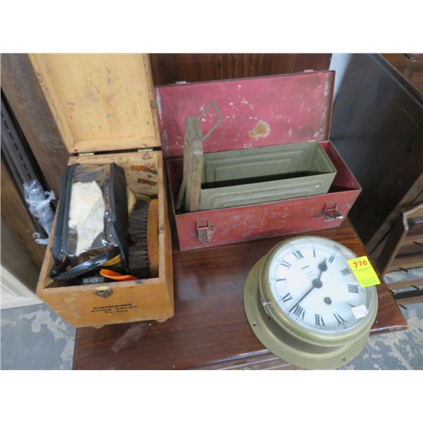 Porthole Clock, Shoe Shine Kit & Metal Boxes