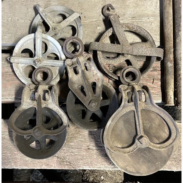 LOT OF 6 - PULLEYS - WOODEN ONE IS 8 INCH DIAMETER