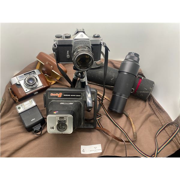 Assortment Of Vintage Cameras With Flash & Lens - Kodak & Pentax