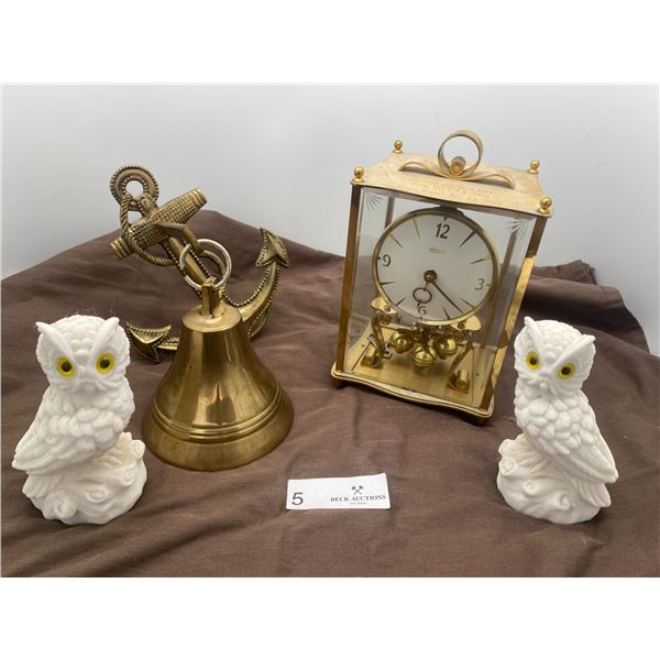 Assorted Brass Home Decor - Anniversary Clock & 2 White Owl Statues