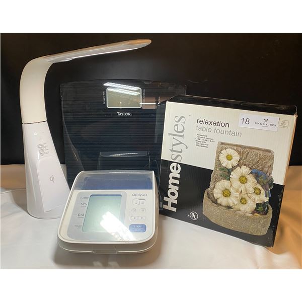 Lamp With Rechargeable Docking Station, Omron Blood Pressure Monitor, Bathroom Scale, & Fountain