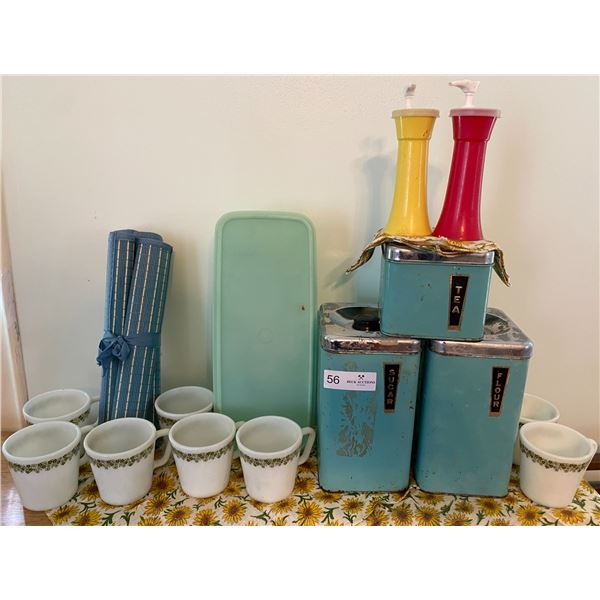 8 Vintage Pyrex Coffee Mugs, Vintage Canisters, Place Mats & More